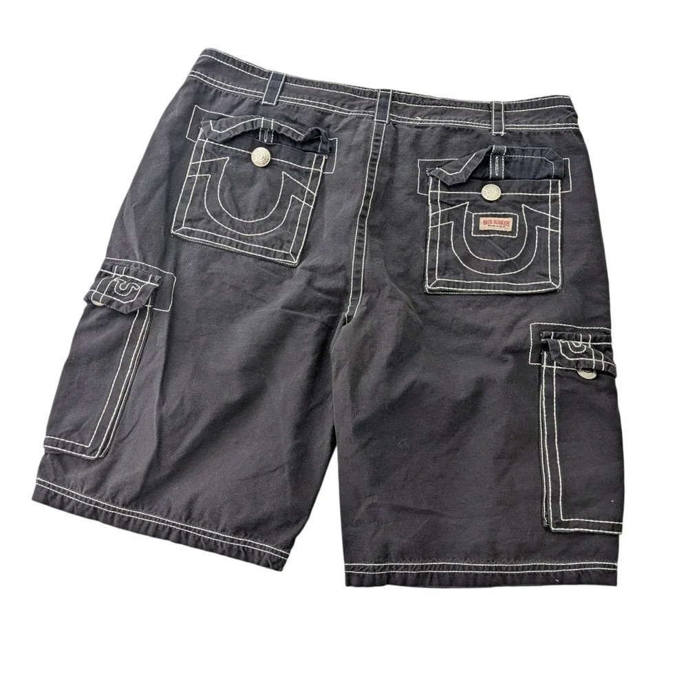 Vintage True Religion Cargo Shorts Mens 38 Black Big T USA Utility Flap Pockets